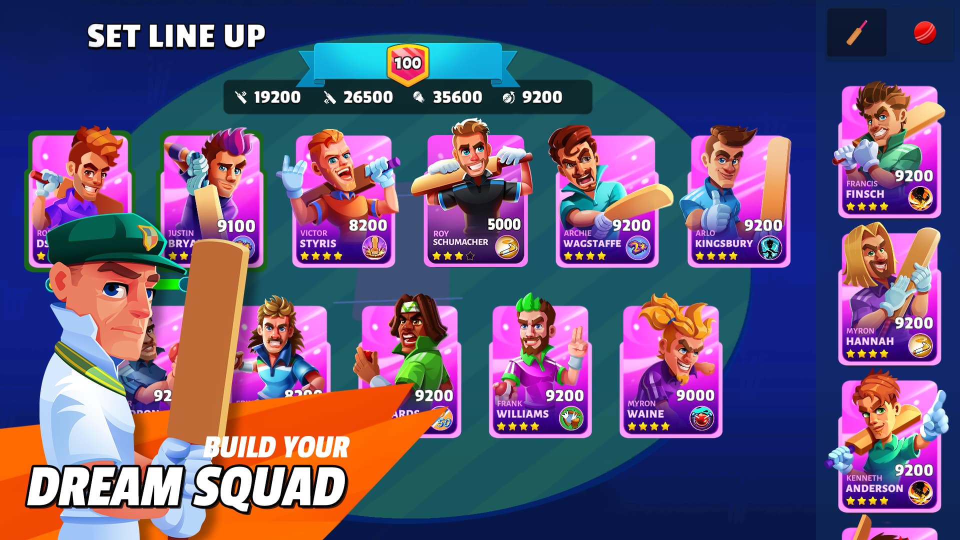 In-game view of squad and match preparation in Hitwicket